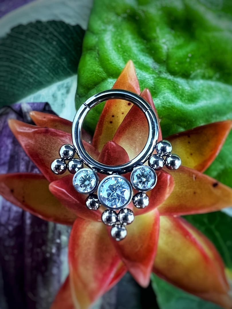 Aro de titanio grado implante con corona de circonitas blancas y bolitas de 1,2x8mm