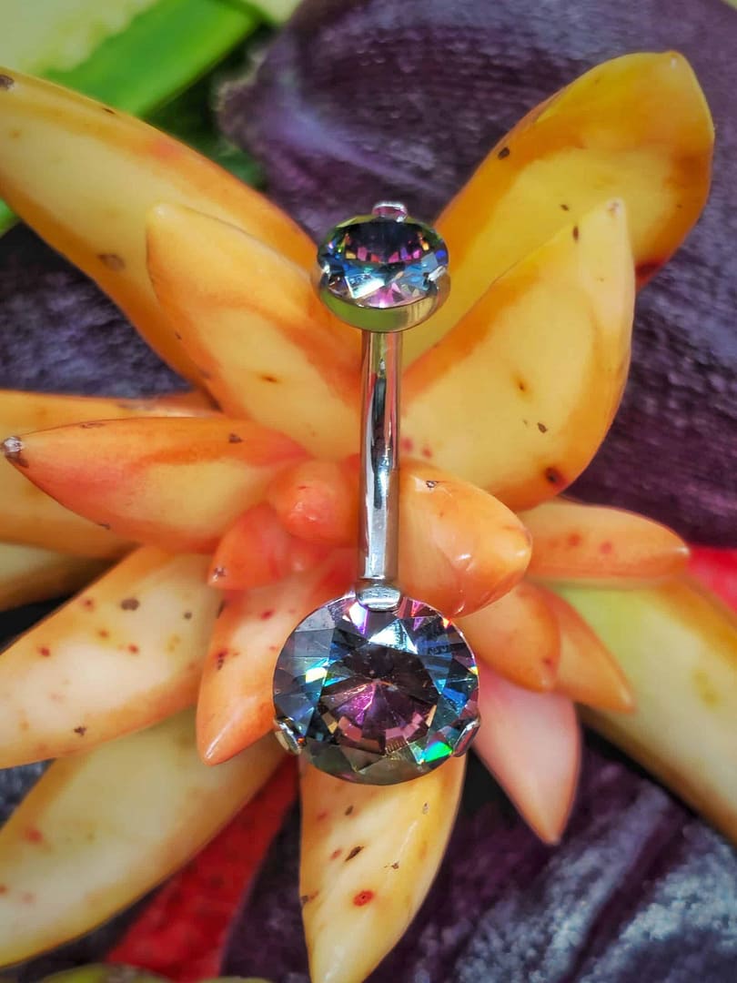 Piercing de ombligo de titanio grado implante con circonitas multicolores 1,6mm